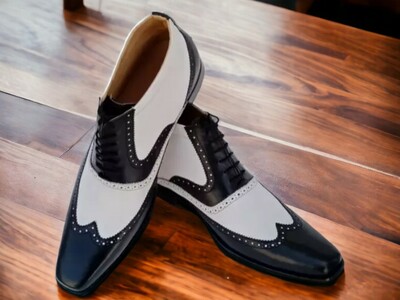 Handmade men's two tone wing tip Boot ,black and white leather lace up dress Boot