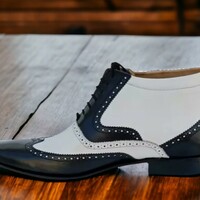 Handmade men's two tone wing tip Boot ,black and white leather lace up dress Boot - Thumbnail 1