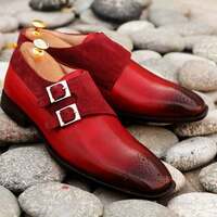 Handmade Pure Leather & Suede Burgundy Color Double Monk Strap Brogue Toe Dress - Thumbnail 4