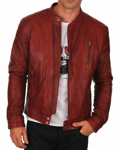 Men Leather Jacket 100% Genuine Lambskin Zipper Leather Jacket