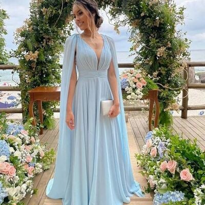 Charming a line v neck light blue long wedding guest dress with beading,1766