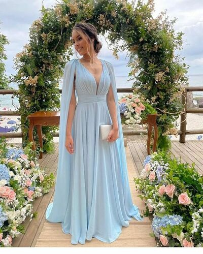Charming A Line V Neck Light Blue Long Wedding Guest Dress with Beading,1766