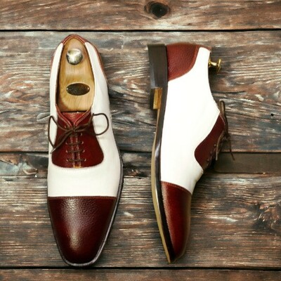 Men's handmade burgundy white leather shoes ,cap toe lace up shoes