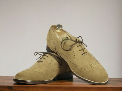 Men's Handmade Beige Wing Tip Shoes ,Lace Up Suede Shoes