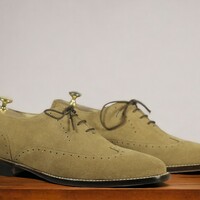 Men's Handmade Beige Wing Tip Shoes ,Lace Up Suede Shoes - Thumbnail 1