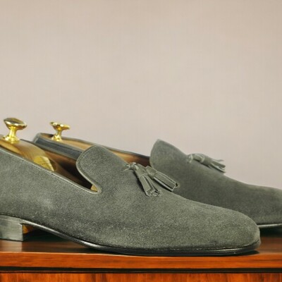 Handmade men's gray suede loafer shoes ,designer dress tassel shoes