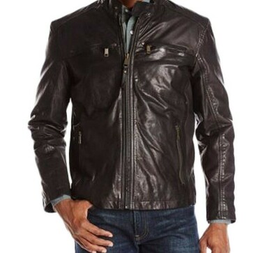 Men Slim Fit Biker Motorcycle Lambskin Leather Jacket Coat Outwear