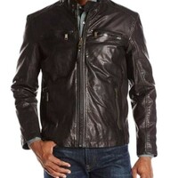 Men Slim Fit Biker Motorcycle Lambskin Leather Jacket Coat Outwear - Thumbnail 1