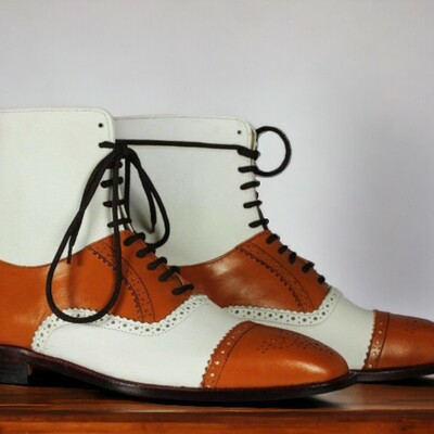 Handmade men's tan and white leather boot ,cap toe brogue toe ankle high boot