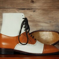 Handmade Men's Tan and White Leather Boot ,Cap Toe Brogue Toe Ankle High Boot - Thumbnail 1