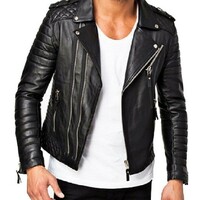 Men Leather Jacket Coat Motorcycle Biker Slim Fit Outwear Jackets - Thumbnail 4