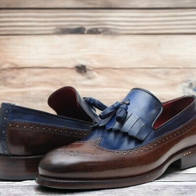 Handmade men's brown and navy blue leather wing tip brogue toe kiltie tassel loafer shoes