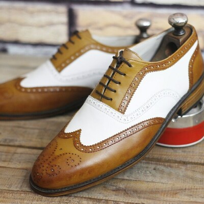 Handmade men 2 tone leather wingtip lace up dress shoes, men formal shoes, weddi