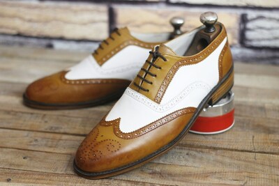 Handmade Men 2 Tone Leather Wingtip Lace up Dress shoes, Men Formal Shoes, Weddi