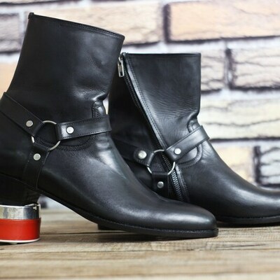 Handmade leather black strap buckle ankle high boot, men stylish zipper ankle - Thumbnail 5