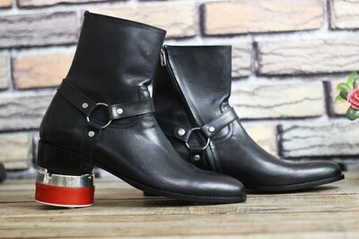 Handmade Leather Black Strap Buckle Ankle High Boot, Men Stylish Zipper Ankle