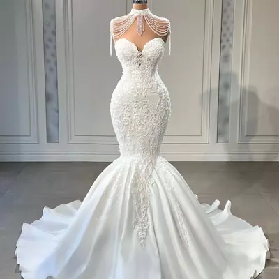 Modern sweetheart mermaid wedding dresses lace appliques tassel bridal gown custom made beaded trumpet plus size