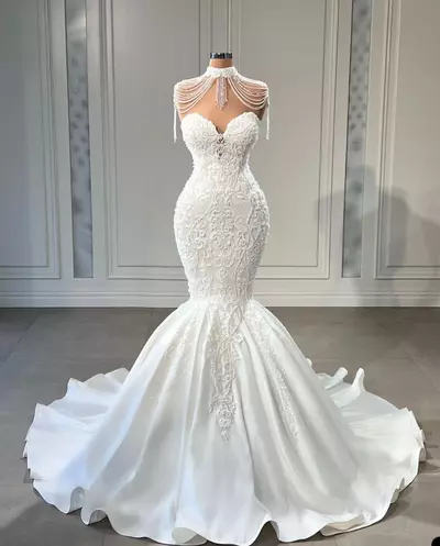 Modern Sweetheart Mermaid Wedding Dresses Lace Appliques Tassel Bridal Gown Custom Made Beaded Trumpet Plus Size