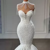 Modern Sweetheart Mermaid Wedding Dresses Lace Appliques Tassel Bridal Gown Custom Made Beaded Trumpet Plus Size - Thumbnail 1