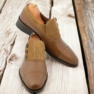 Handmade men's brown leather and suede shoes ,button  cap toe formal shoes