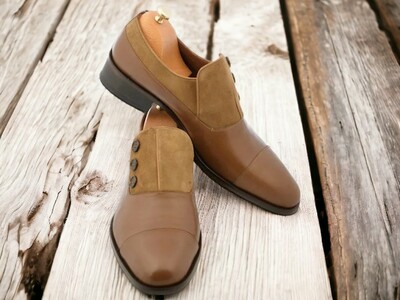 Handmade Men's Brown Leather and Suede Shoes ,Button  Cap Toe Formal Shoes