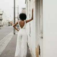 Chic Jumpsuit Wedding Dress Lace Appliques Sleeveless Deep V Neck Bridal Gowns Ankle Length - Thumbnail 1