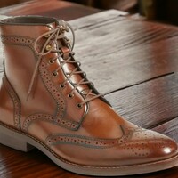 Handmade Men's Brown Leather Boot ,Wing Tip Brogue Toe Lace Up Ankle High Boot - Thumbnail 1