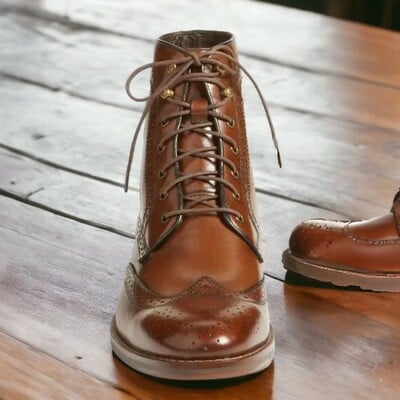 Handmade men's brown leather boot ,wing tip brogue toe lace up ankle high boot