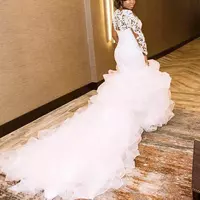 Plus Size Wedding Dresses Long Sleeves Mermaid Bridal Gowns Applique Lace Beaded Sheer Neckline Ruffles Sweep Train  - Thumbnail 1