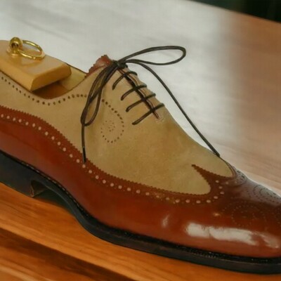 Handmade men's brown two tone leather shoes ,wing tip brogue toe lace up shoes