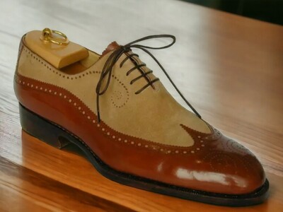 Handmade Men's Brown Two Tone Leather Shoes ,Wing Tip Brogue Toe Lace Up Shoes