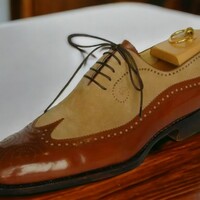 Handmade Men's Brown Two Tone Leather Shoes ,Wing Tip Brogue Toe Lace Up Shoes - Thumbnail 1