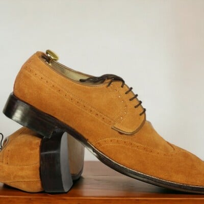 Handmade men's tan wing tip lace up shoes ,stylish suede shoes - Thumbnail 1