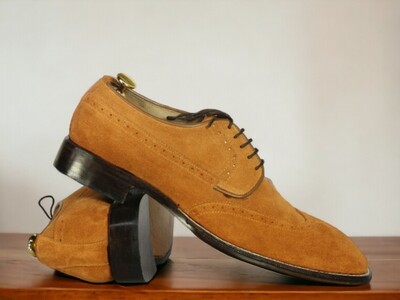 Handmade Men's Tan Wing Tip Lace Up Shoes ,Stylish Suede Shoes