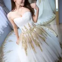 Luxury White Tulle Gold Lace Applique Sweetheart Sleeveless Bridal Gowns Chapel Train Ball Gown Wedding Dresses - Thumbnail 2
