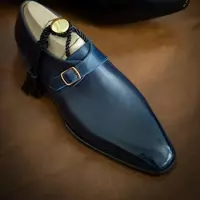 Men New Handmade Sea Blue Monk Shoes Almont Toe Dress Leather shoe For Men - Thumbnail 1