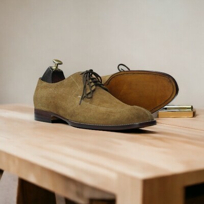 Handmade beige suede split toe lace up dress shoes for men's - Thumbnail 1