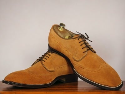 Handmade Men's Tan Wing Tip Lace Up Shoes ,Stylish Suede Shoes