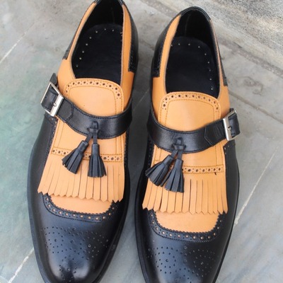 Crafted leather custom made brown black fringes monk strap dress shoes