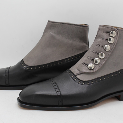 Crafted leather handmade dress shoes black gray leather button ankle high boot - Thumbnail 3