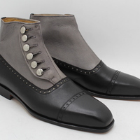 Crafted Leather Handmade Dress Shoes Black Gray Leather Button Ankle High Boot - Thumbnail 8