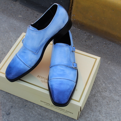Crafted leather classic blue leather double monk strap dress shoes - Thumbnail 5