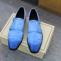 Crafted Leather Classic Blue Leather Double Monk Strap Dress Shoes - Thumbnail 1