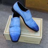 Crafted Leather Classic Blue Leather Double Monk Strap Dress Shoes - Thumbnail 2