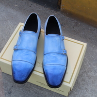 Crafted Leather Classic Blue Leather Double Monk Strap Dress Shoes - Thumbnail 3