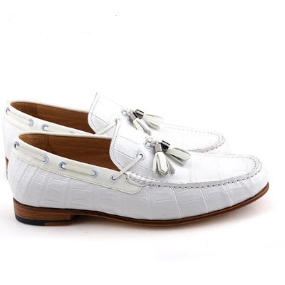 New handmade crocodile texture white tassel loafer shoes for men