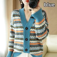 Retro striped knitted cardigan sweater - Thumbnail 1