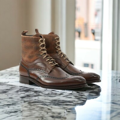 Handmade men's brown leather and suede boot ,ankle high lace up brogue toe wing tip boot