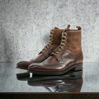 Handmade Men's Brown Leather and Suede Boot ,Ankle High Lace Up brogue Toe Wing tip Boot - Thumbnail 1
