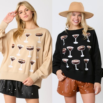 Multiple wine glass sequins loose casual sweatshirt